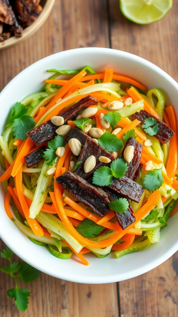 A vibrant bowl of Vietnamese Papaya Beef Jerky Salad with green papaya, beef jerky, carrots and herbs on a wooden table.