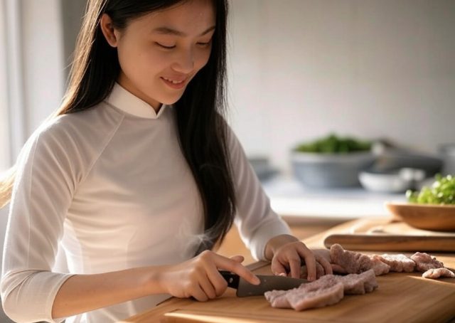 Lady slicing pork