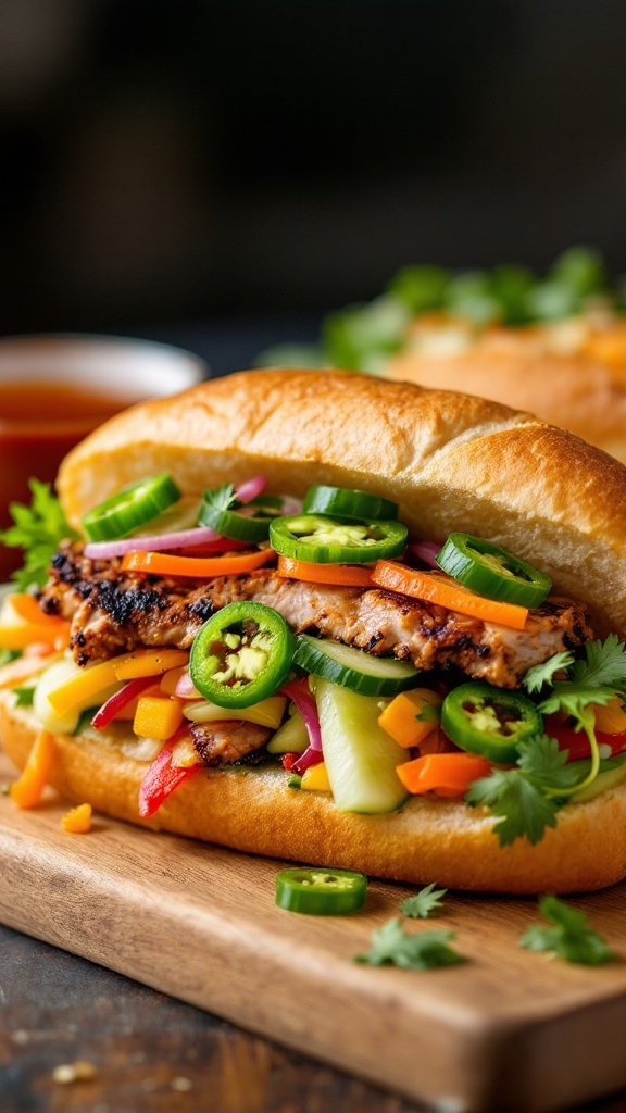 A delicious Vietnamese Baguette Sandwich filled with grilled pork, pickled veggies, and fresh herbs on a wooden board.