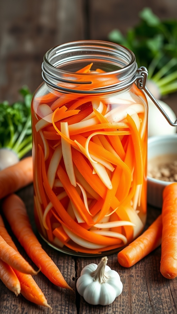 A jar of Dưa Chua, Vietnamese pickled vegetables, with carrots and daikon radish in brine, on a wooden table with fresh ingredients.