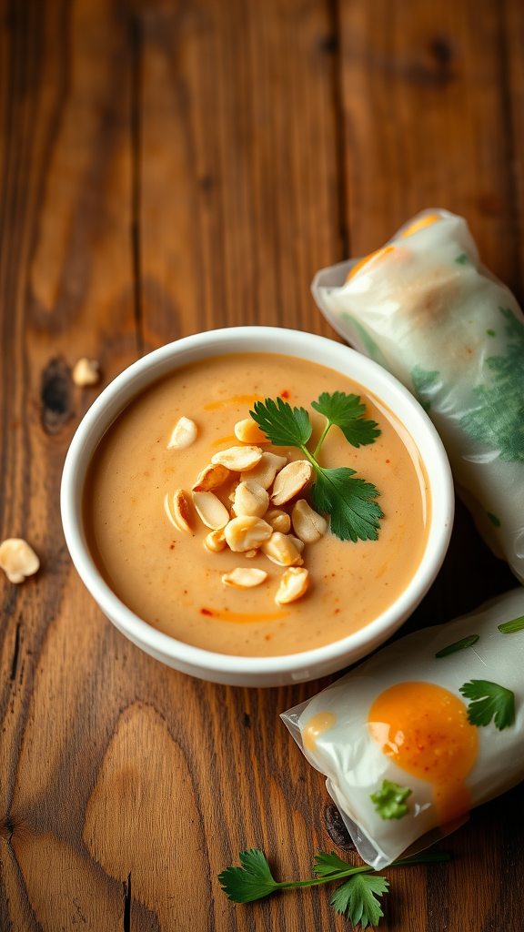 Vietnamese Peanut Sauce in a bowl with crushed peanuts and cilantro, accompanied by spring rolls.