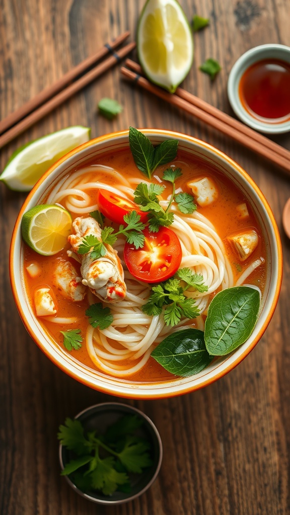 A bowl of Bún Riêu with crab, noodles, and fresh herbs, served with lime and chili on a wooden table.