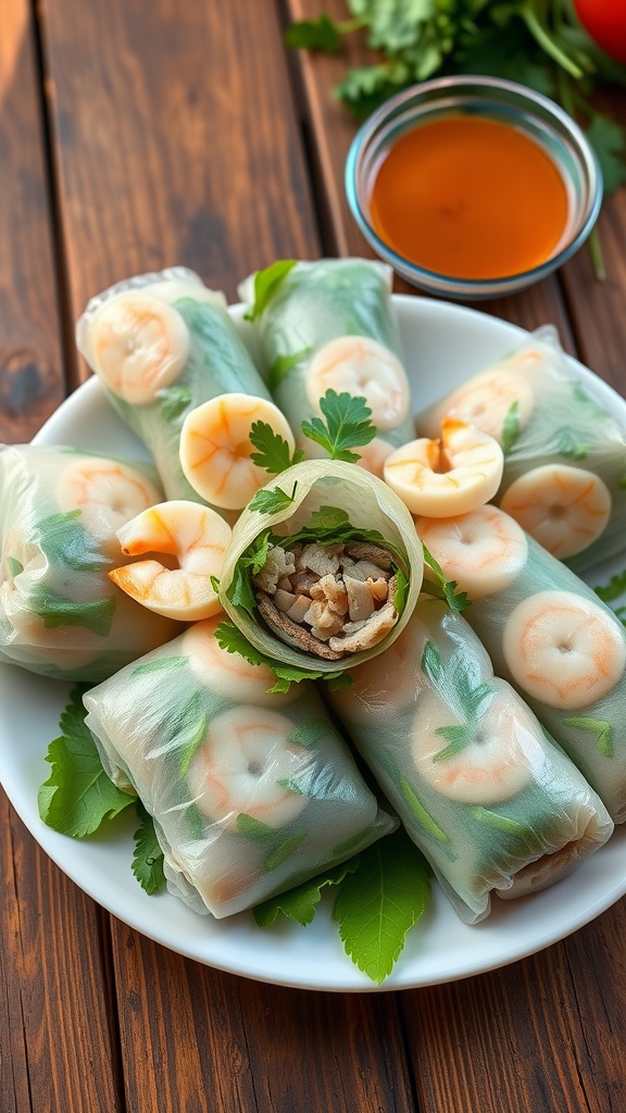 Vietnamese Fresh Spring Rolls with shrimp, herbs, and vegetables served with peanut sauce.