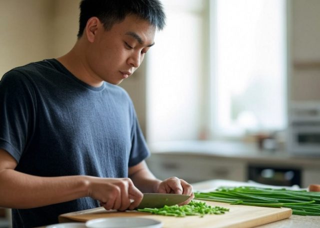 man chopping green scallions