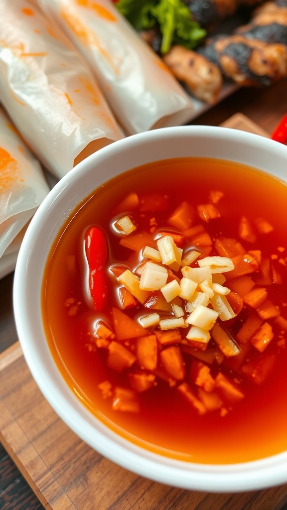 A bowl of Nước Chấm with chili and carrot garnish, alongside spring rolls and grilled meats on a rustic table.