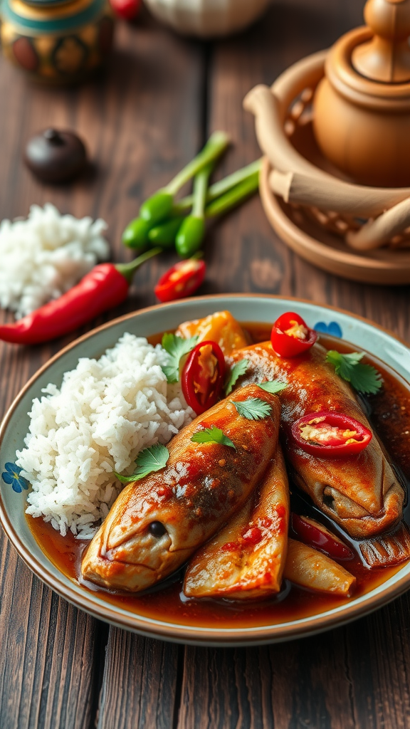 A plate of Vietnamese braised fish Cá Kho Tộ garnished with cilantro and chili, served with rice.