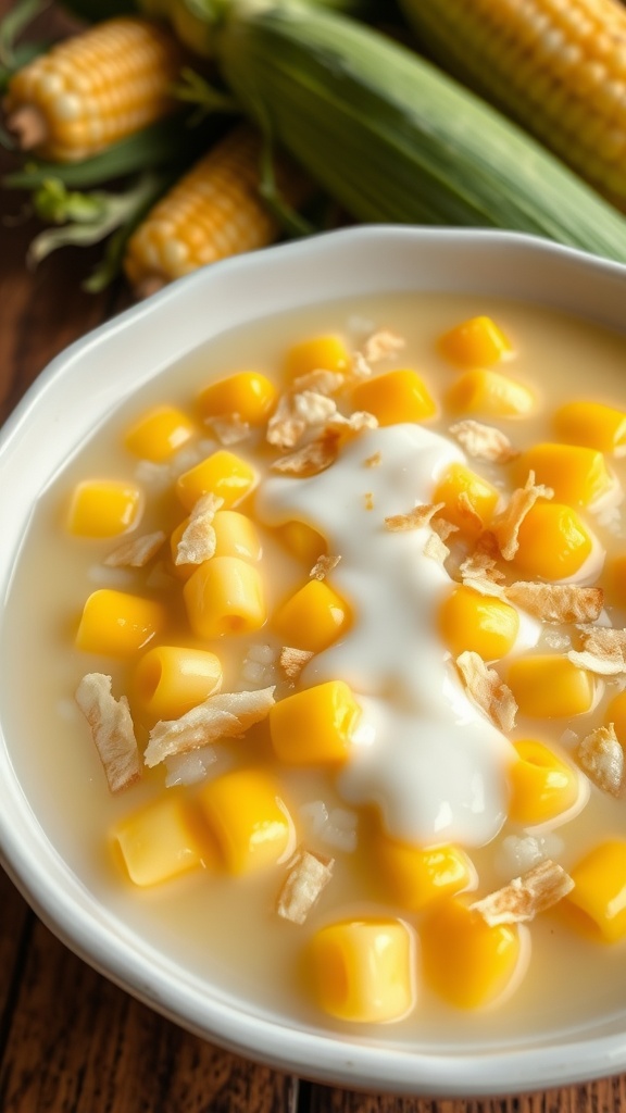 A bowl of creamy Vietnamese Sweet Corn Pudding (Chè Bắp) with corn kernels and coconut flakes, served on a wooden table.