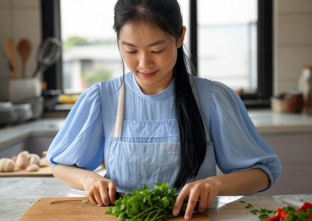 vietnamese woman chopping cilantro