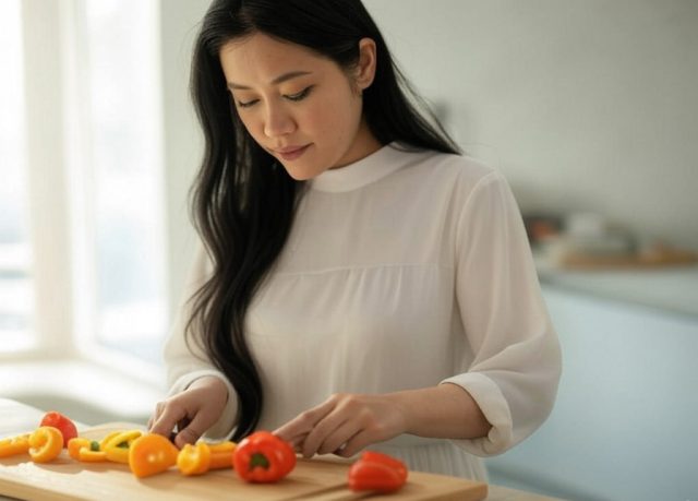 woman cutting bell peppers