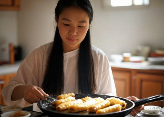 woman frying spring rolls