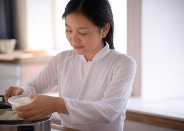 woman scooping rice