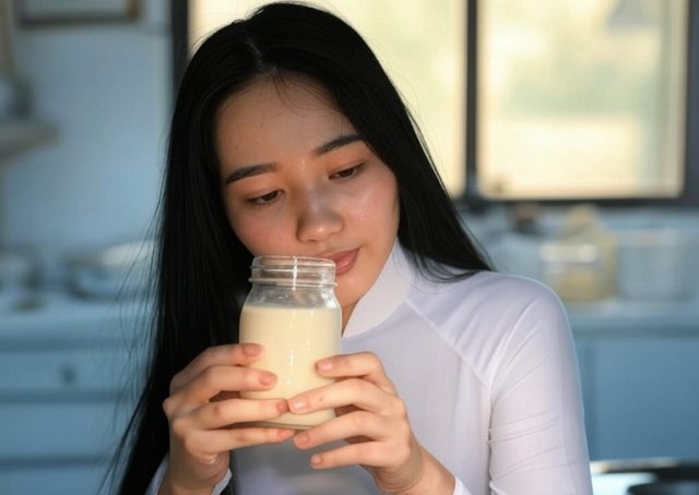 woman with condense milk in a jar