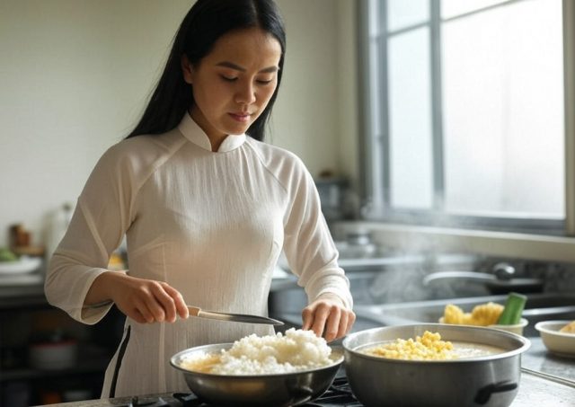 Vietnamese Sweet Corn Pudding preparation