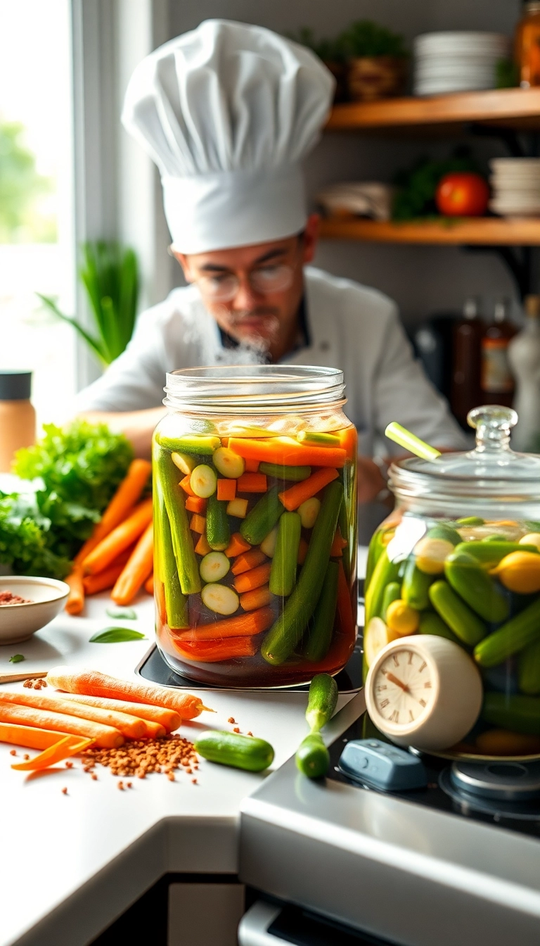 Chef pickles vibrant veggies in brine