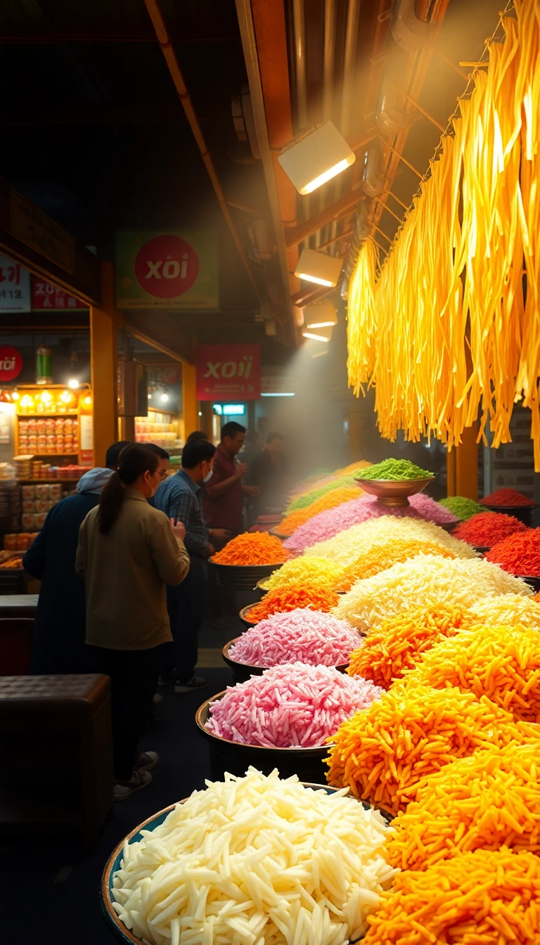 Vibrant Asian market, xoi sticky rice stall