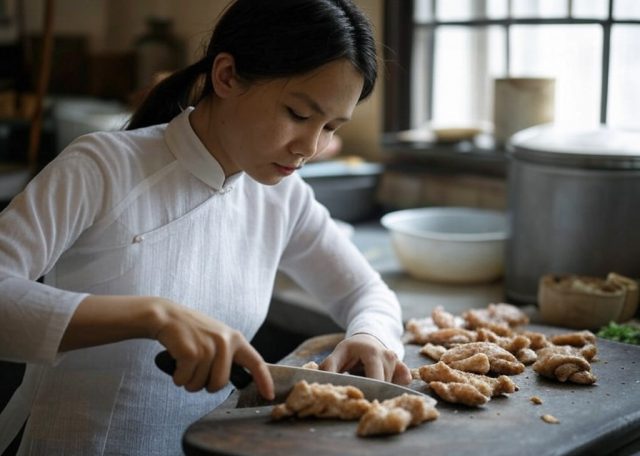 woman chopping chicken