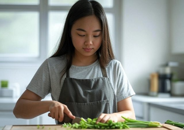 woman chopping green onions