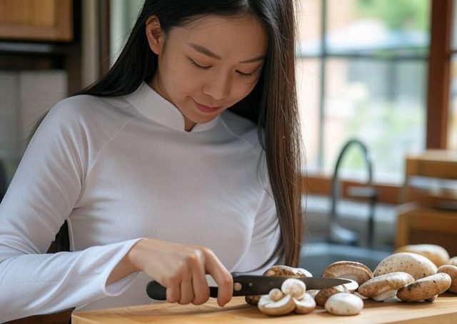 woman chopping mushrooms