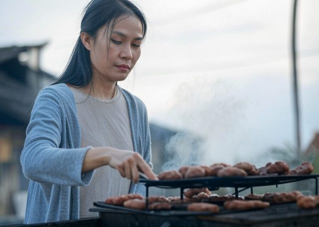 woman grilling pork sausages