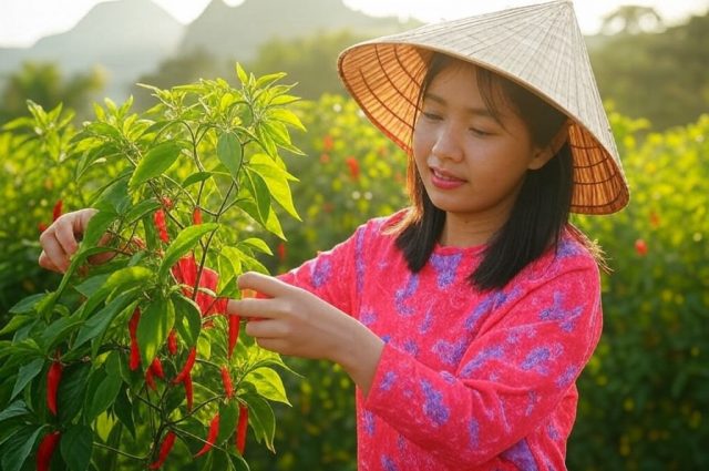 woman harvesting red chilis